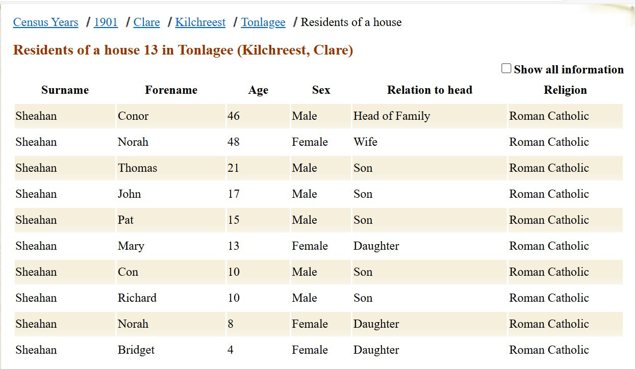 Thomas Sheahan-- 1901 Ireland Census