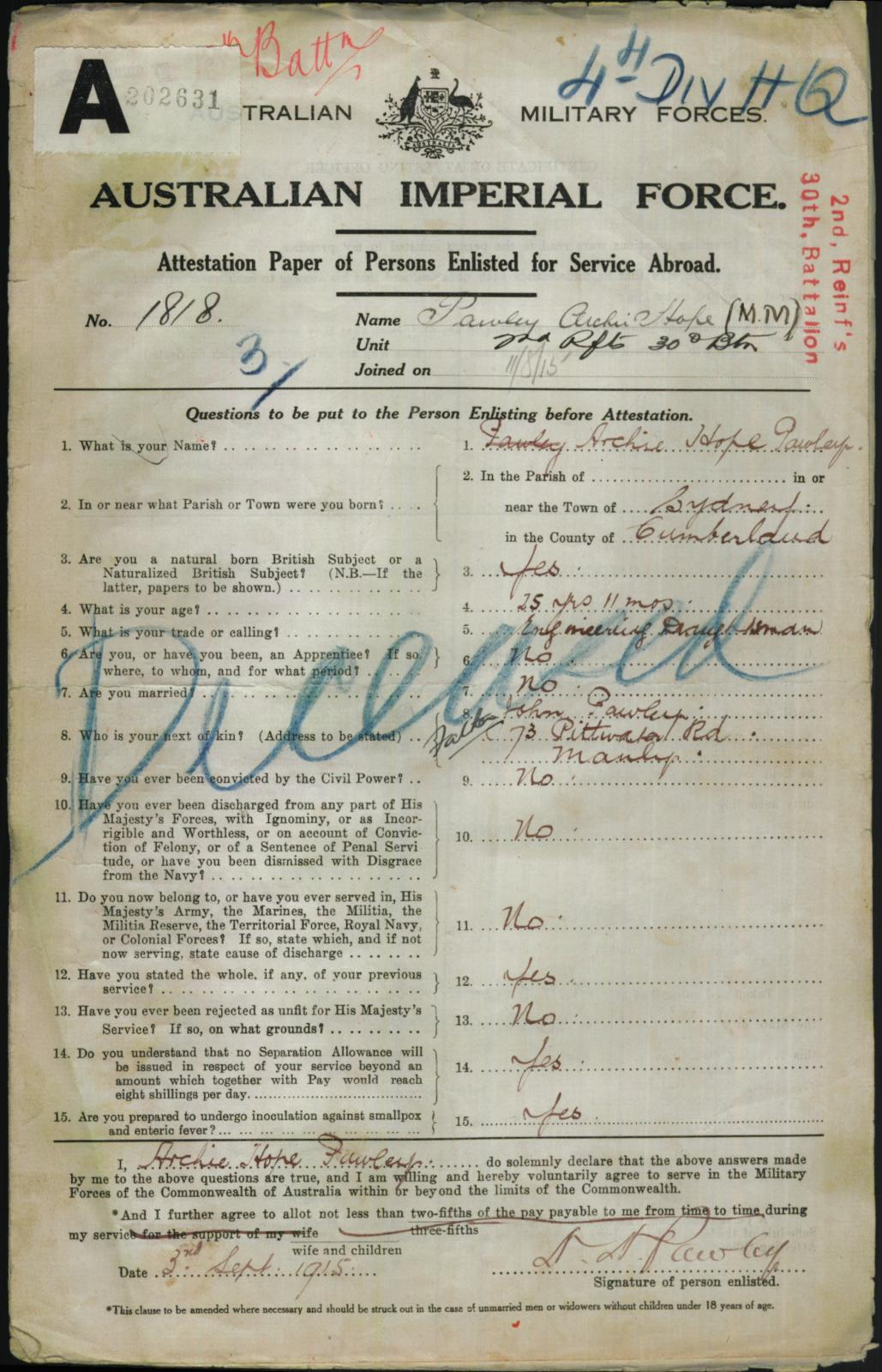 Archie Hope Pawley Military Papers