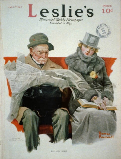"Fact and Fiction" [old man reading newspaper beside...