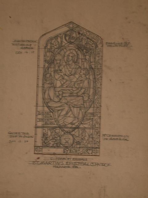 [Design drawing for stained glass window showing Supper...