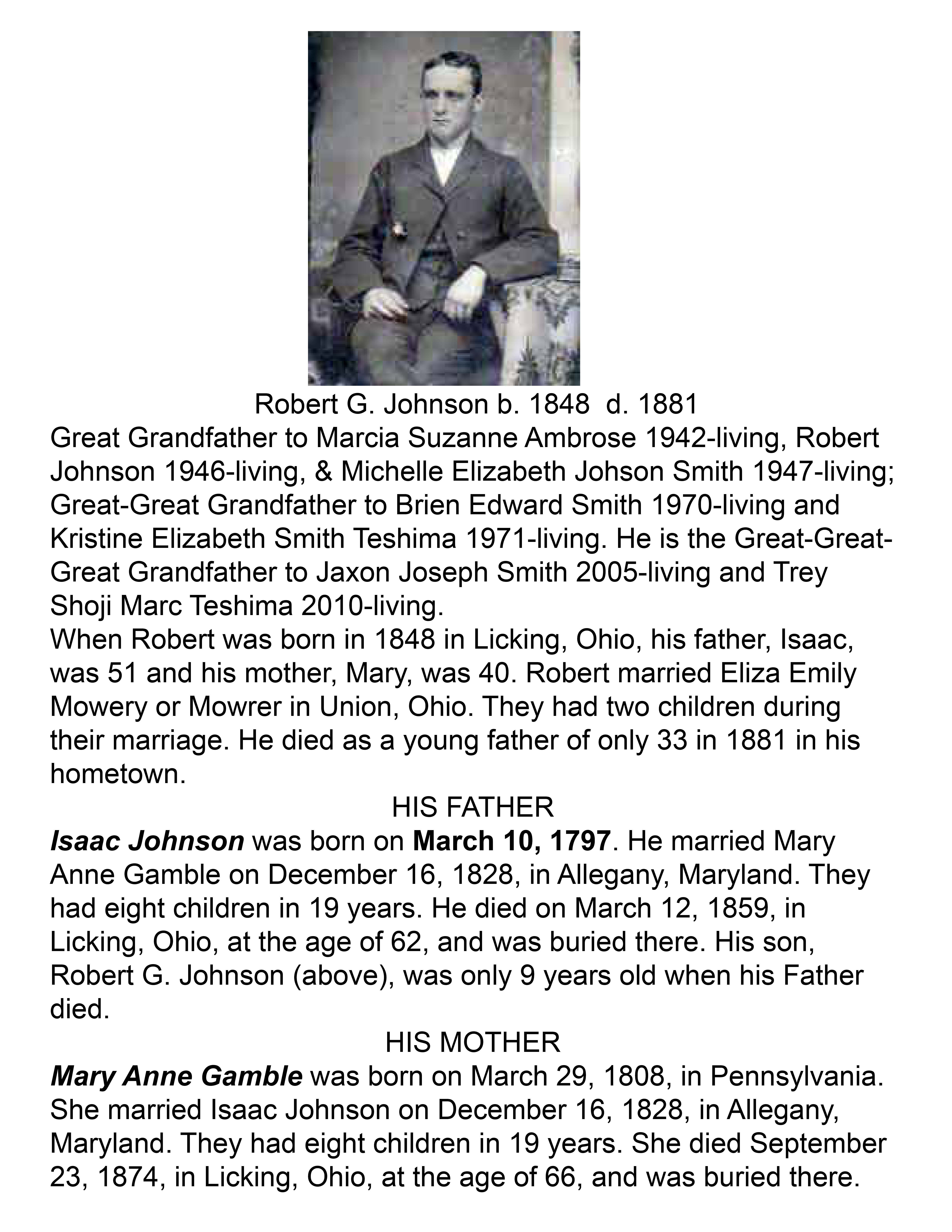 Robert G. Johnson, 1848-1881 My Great Grandfather, my Grandpa Johnson's Father