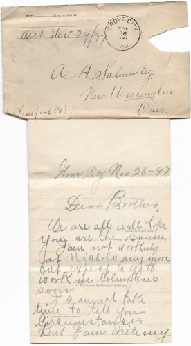 Letter from Rufus Aaron Schwemley to brother Albert H Schwemley 26 Nov 1897 Page 1