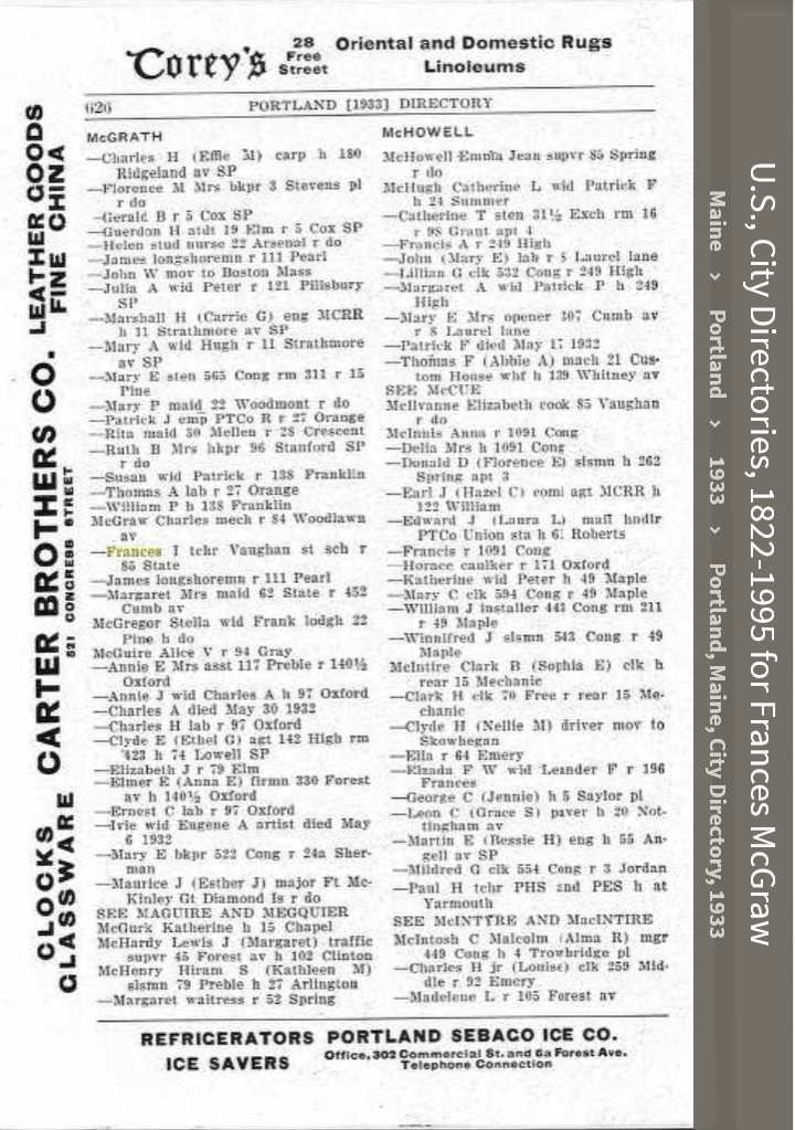 Frances Irene (Connellan) McGraw--U.S., City Directories, 1822-1995(1933)