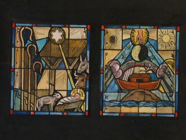 [Design drawing for stained glass window with Nativity; Ark]