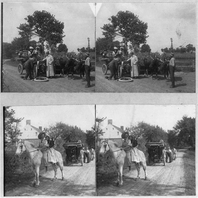 Photos of 2 full stereos: Top - Man changing tire, as...