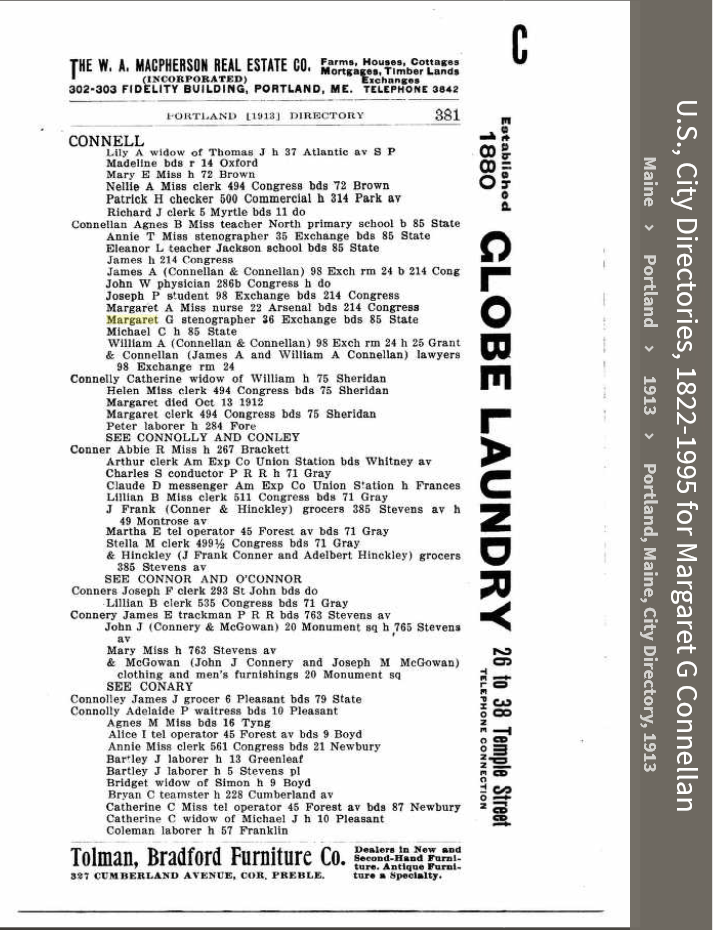 Margaret Gertrude Connellan--U.S., City Directories, 1822-1995(1913)