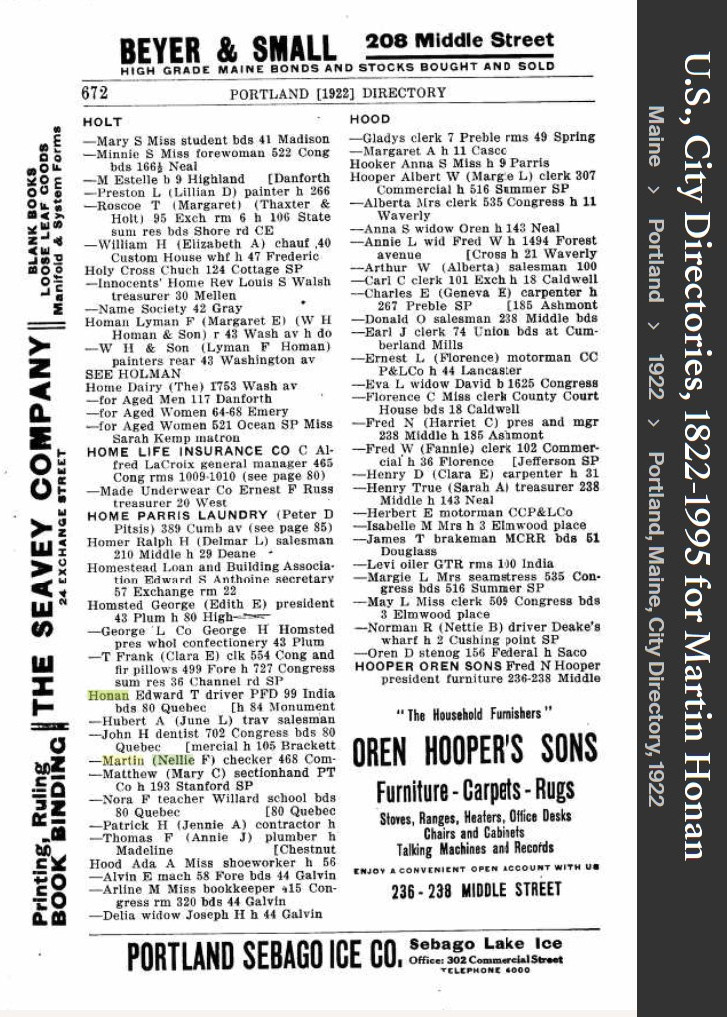 Martin Matthew Honan Sr--U.S., City Directories, 1822-1995(1922)