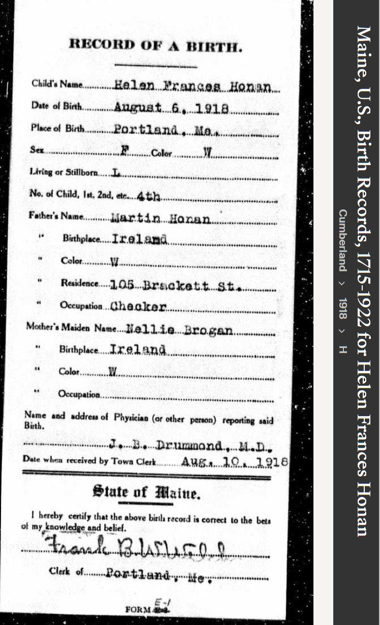 Helen Francis Honan-Gorham--Maine, U.S., Birth Records, 1715-1922(1918)