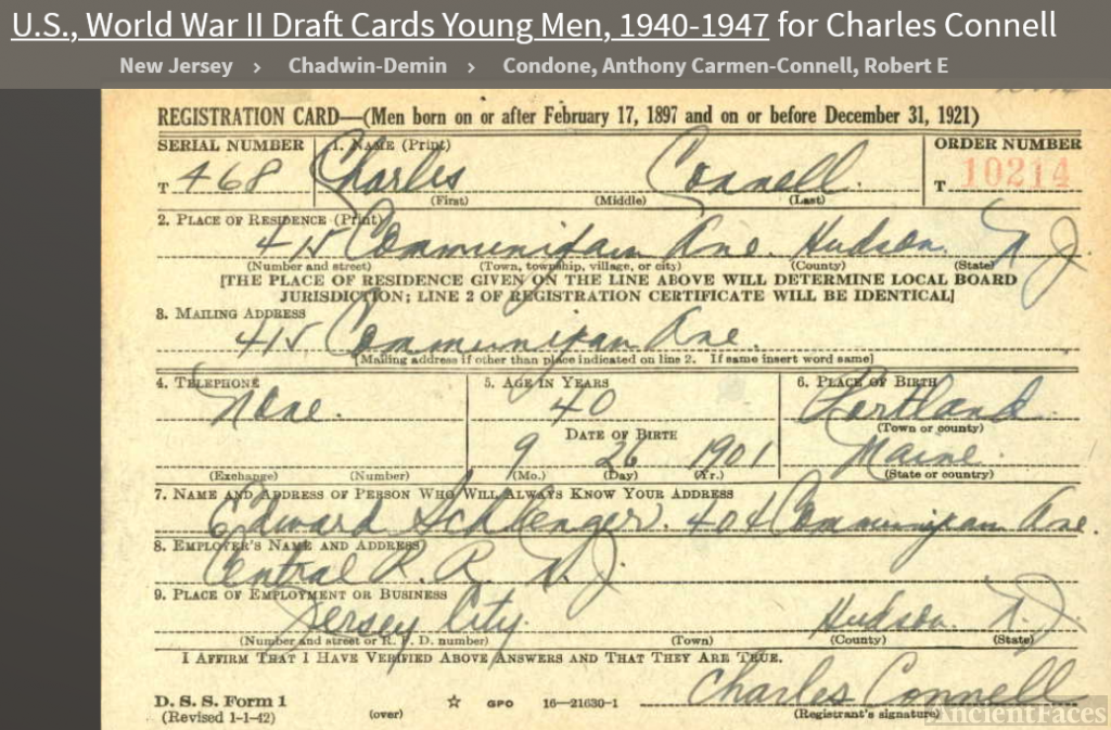 Charles J ConnellU.S., World War II Draft Cards Young Men, 19401947