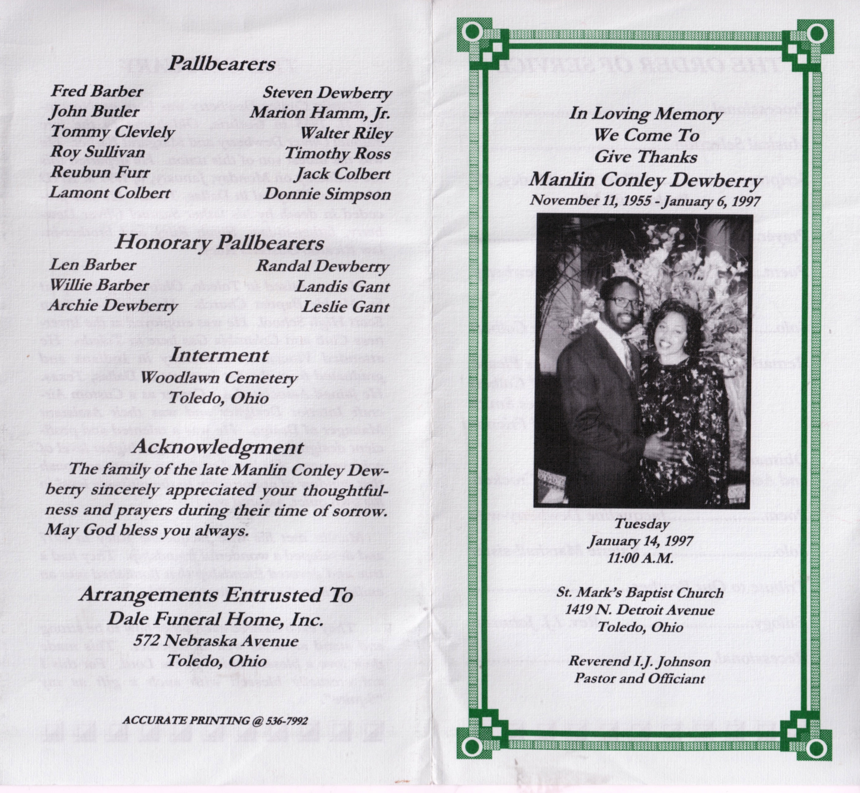 Manlin Conley Dewberry funeral program