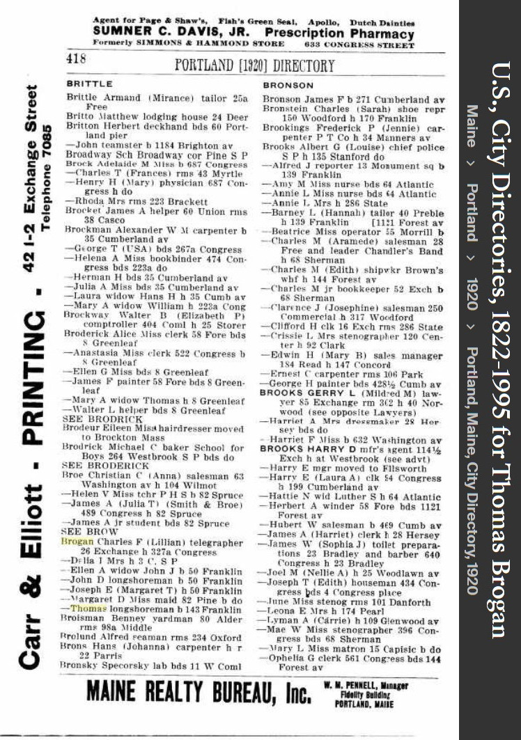 Thomas Michael Brogan --U.S., City Directories, 1822-1995(1920)