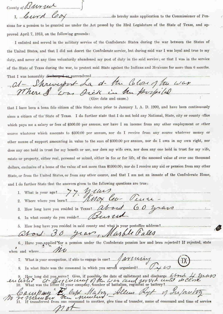 Curd Cox/Texas-Civil War Pension Application Pg1