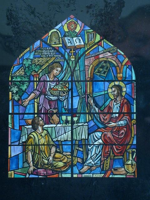 [Design drawing for stained glass window with text "Thou...