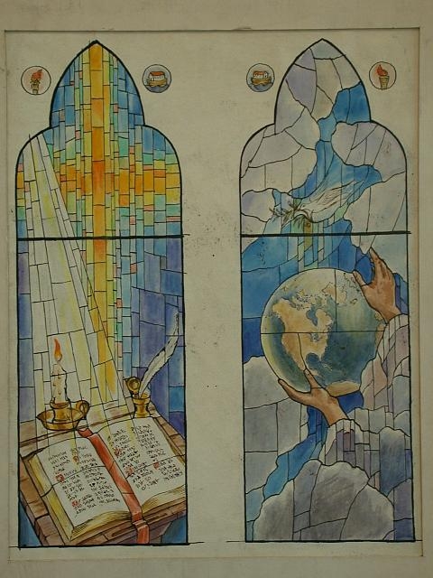 [Design drawing for stained glass window showing Divine...