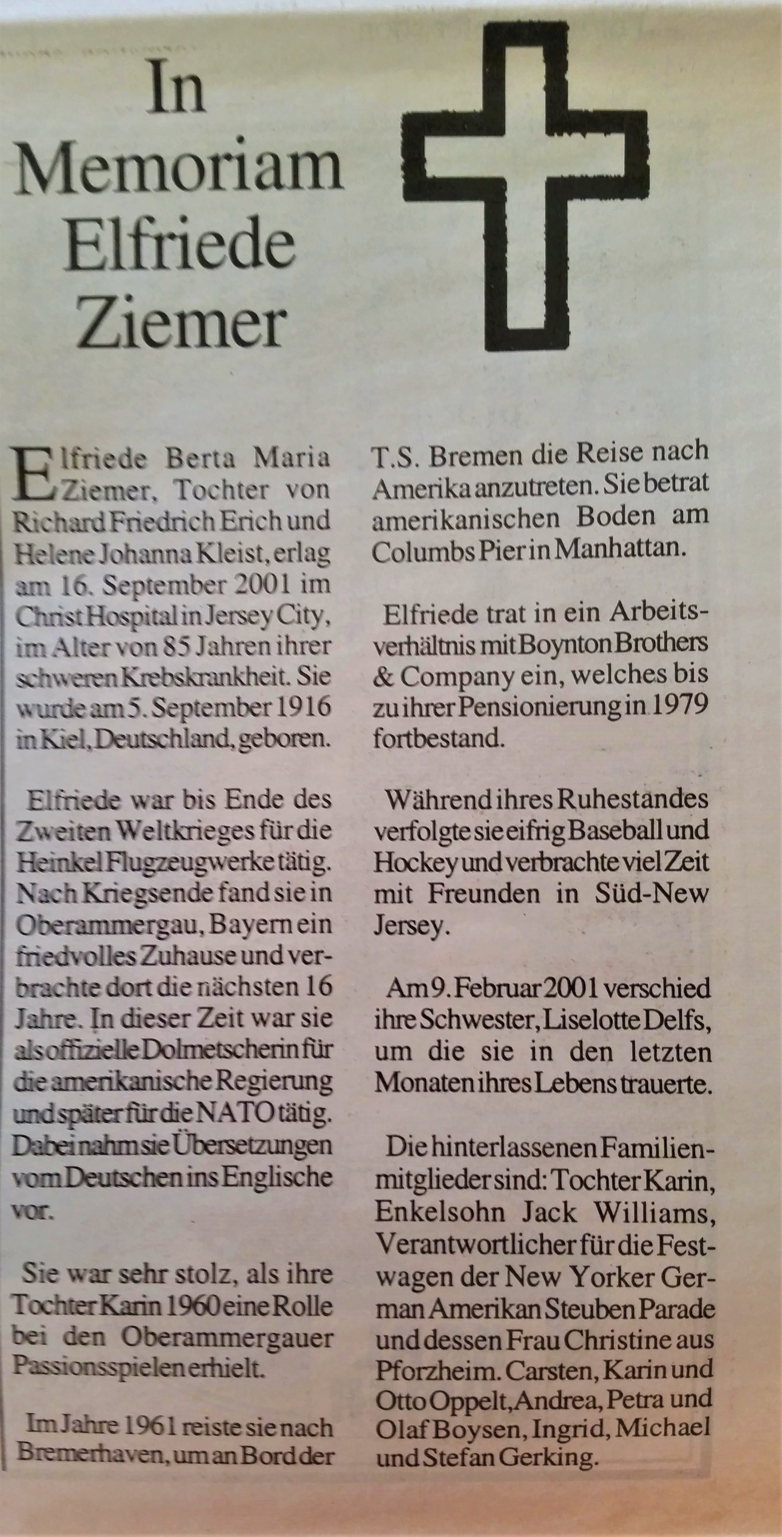 Elfriede Ziemer Obituary