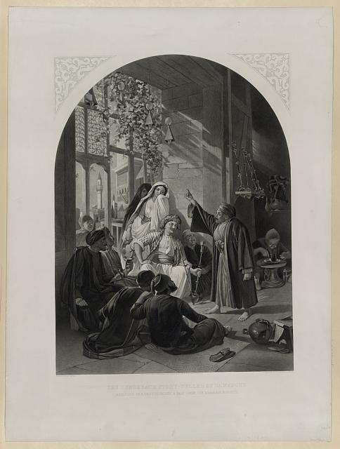 The hunchback story-teller of Damascus. Reciting in a...