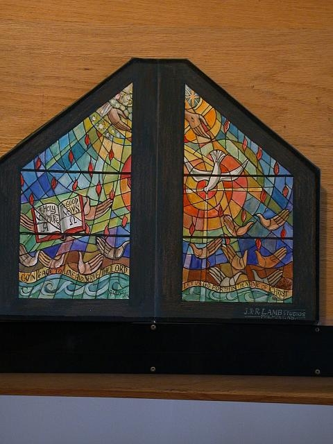 [Design drawing for stained glass window with two 5-sided...