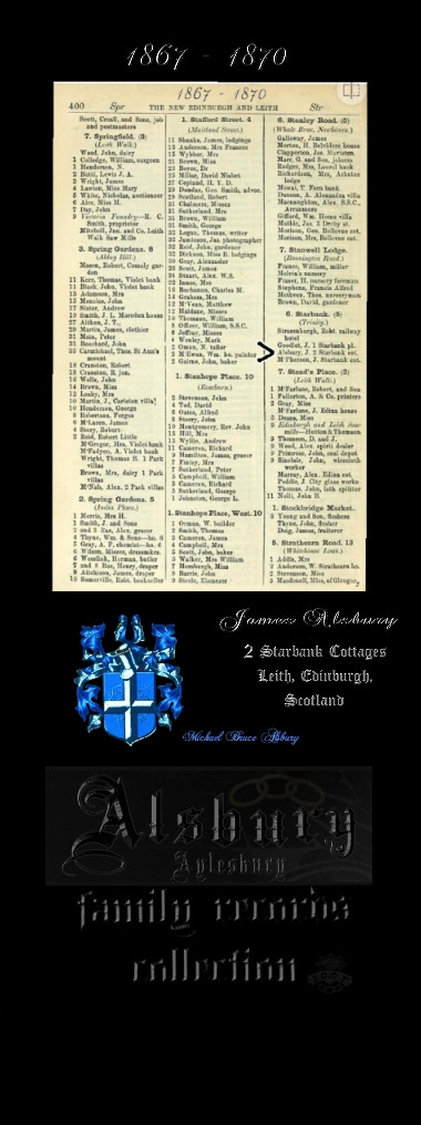 James Alsbury, 1967-1870 Midlothian, Scotland address directory 