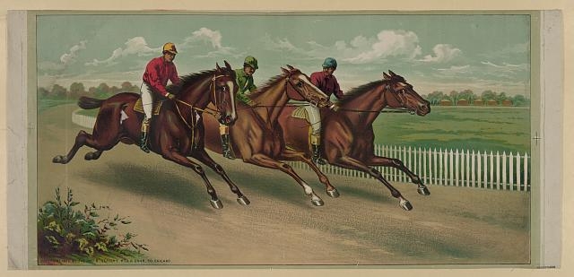 [Three men on horseback racing]