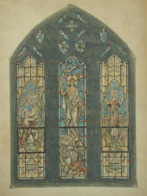 [Design drawing for stained glass window showing Agony;...