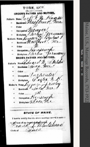 William Ernest Carl "Billy" Haase--Maine, U.S., Marriage Records, 1713-1922(1908) back