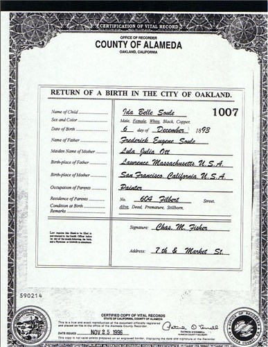 Ida Belle (Soule) Martin's birth certificate
