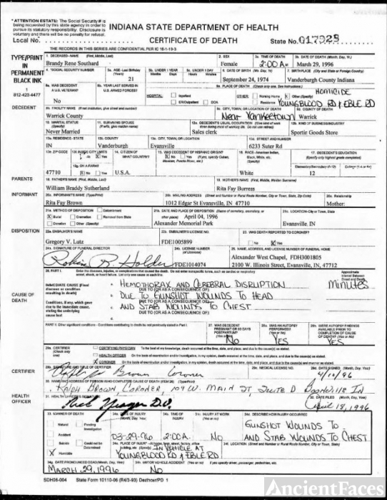 Brandy R Southard's Certificate of Death - Indiana State Department of ...