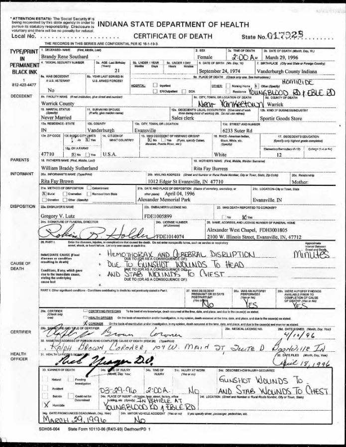 Brandy R Southard's Certificate of Death - Indiana State Department of Health