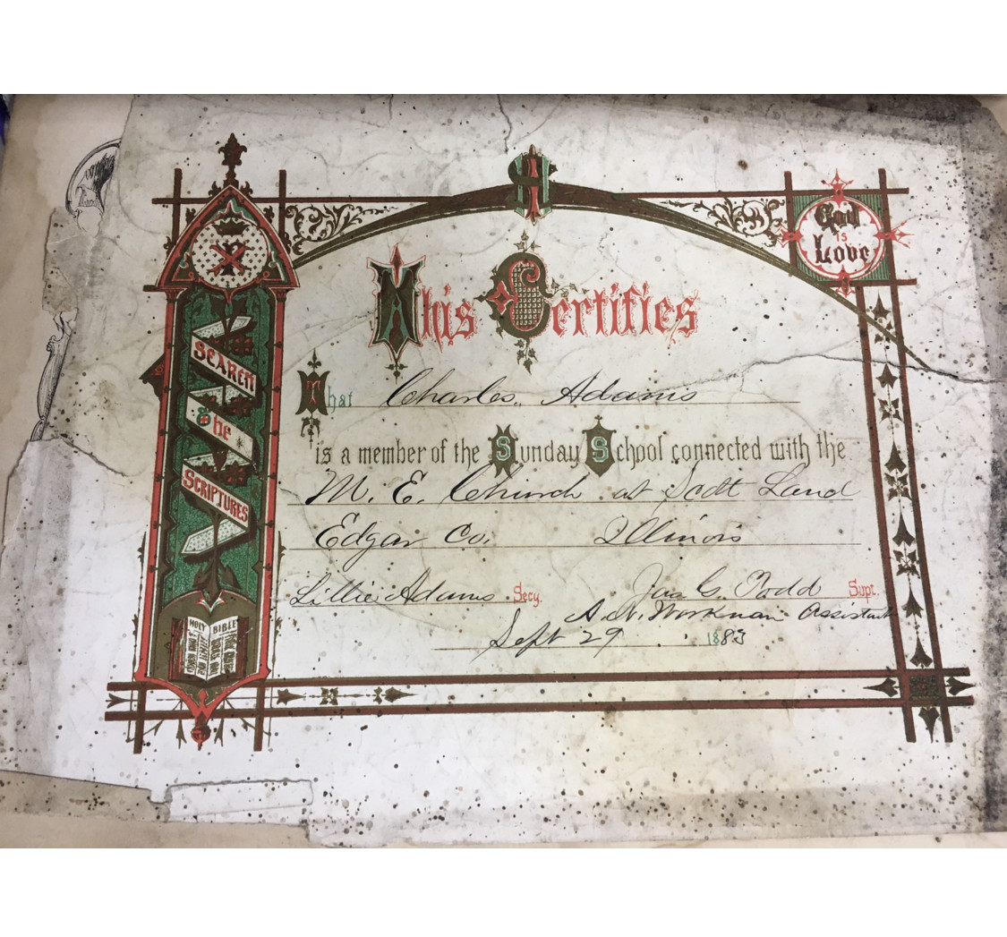 Charles Adams,  Lillie Adams, certificate 1883