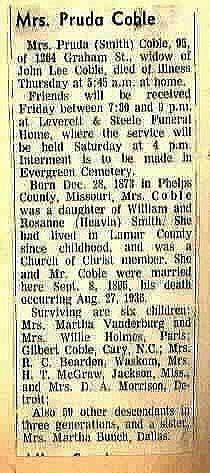 Obituary of Pruda (Prudie) Smith Coble