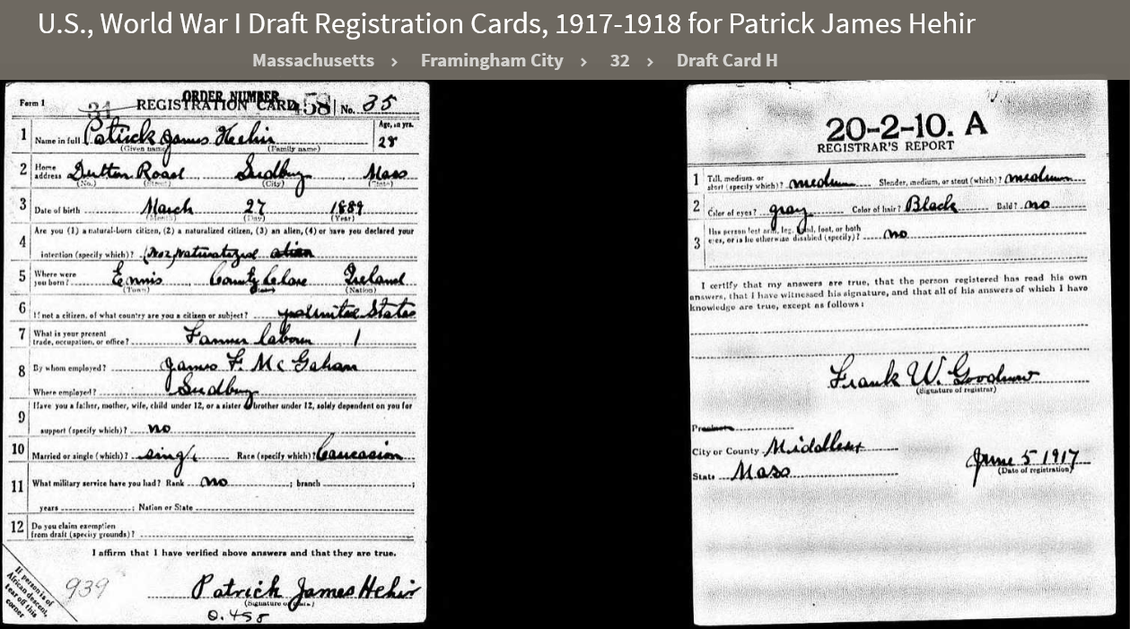 Patrick "Pat" James Hehir--U.S., World War I Draft Registration Cards, 1917-1918