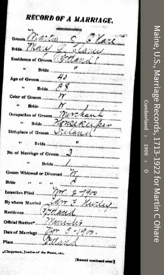 Martin Scanlan O'Hare to Mary G Clancy--Maine, U.S., Marriage Records, 1713-1922