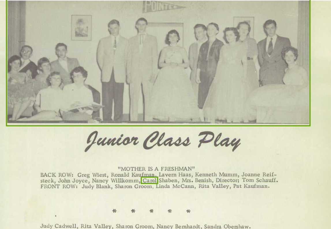Carol Lee Shaben-Wentz--U.S., School Yearbooks, 1900-1999(1957)Junior Class Play