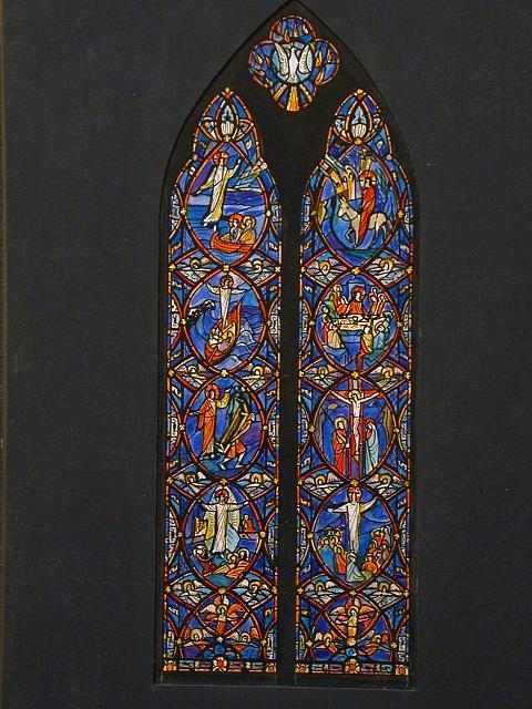 [Design drawing for stained glass Lancet windows with...