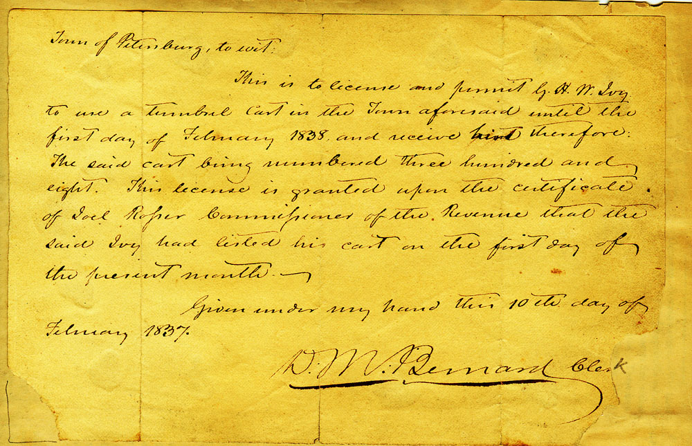 Tumbrel Cart Permit, Petersburg, Virginia, 1837-1838