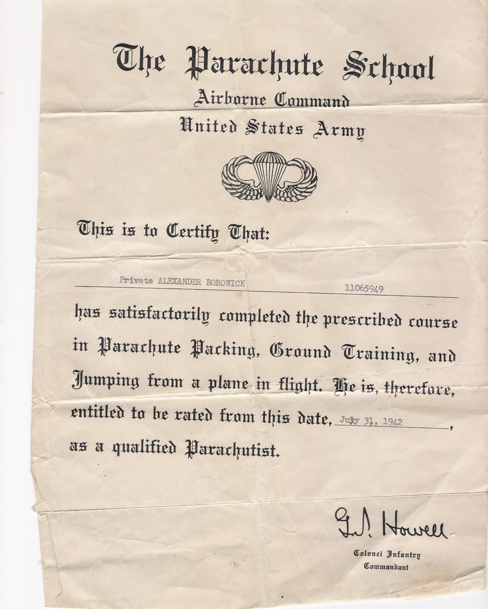 A. Borowick Parachute School certification