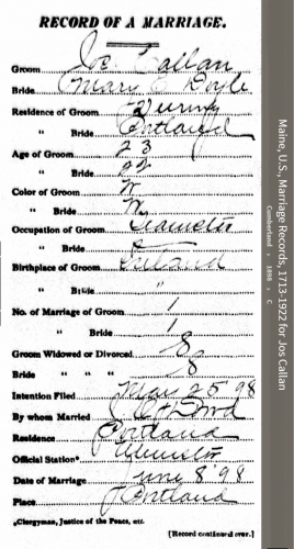 Joseph Francis Callan--Maine, U.S., Marriage Records, 1713-1922(1898)