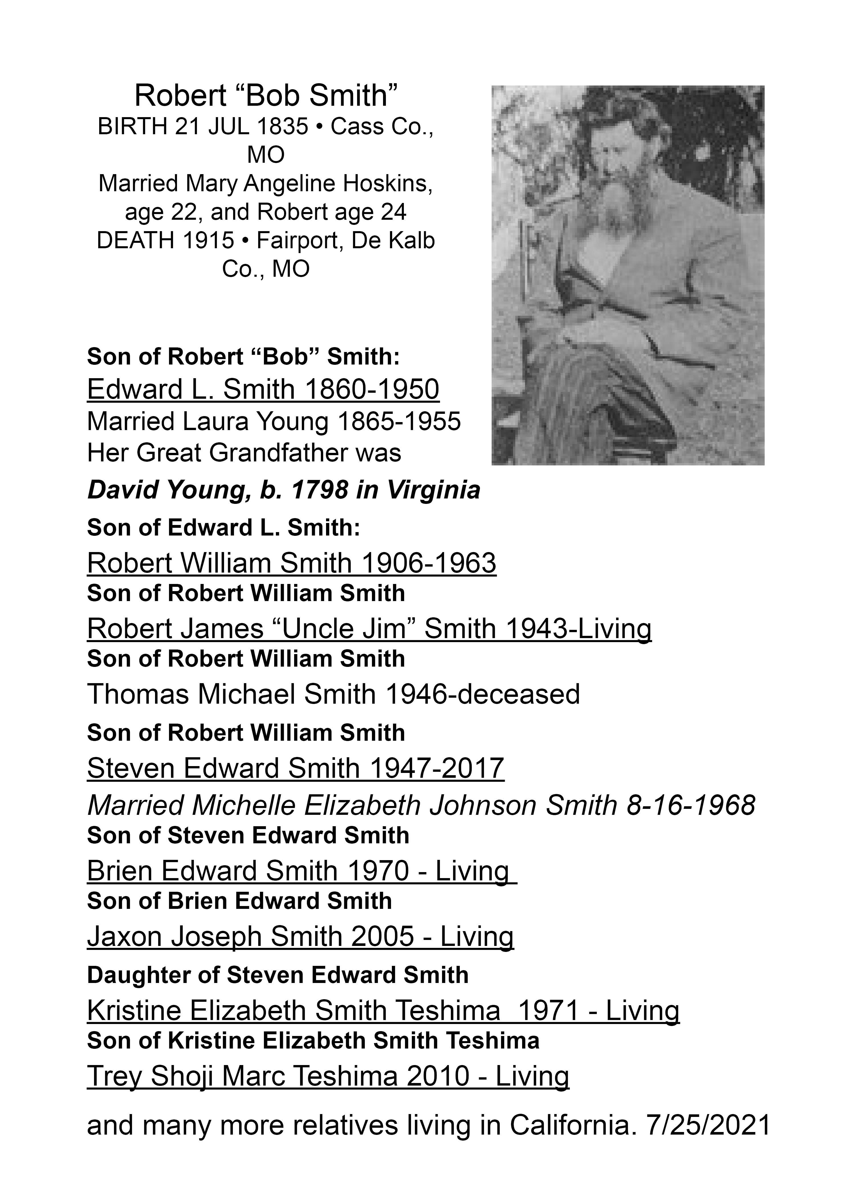 Robert “Bob Smith”  b.1835 Cass Co., MO d. 1915 Fairport, De Kalb Co., MO