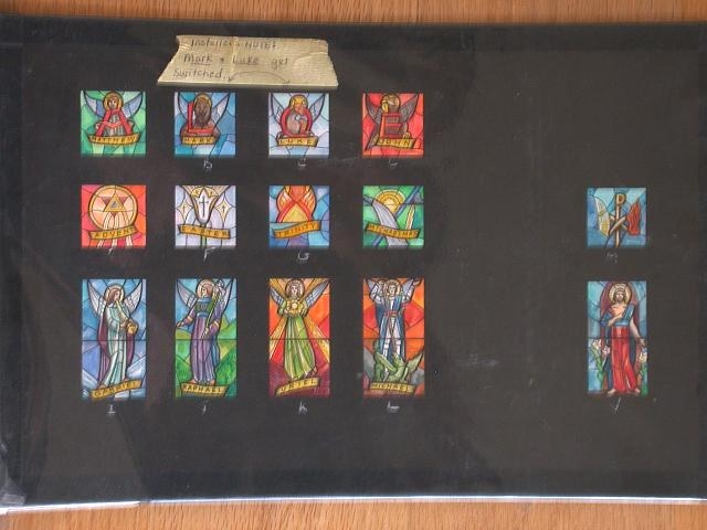 [Design drawing for stained glass window with symbols for...