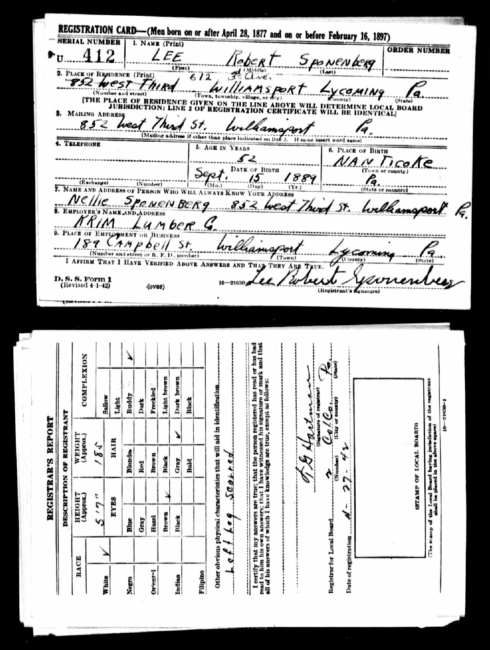 Robert Lee Sponenberg draft registration