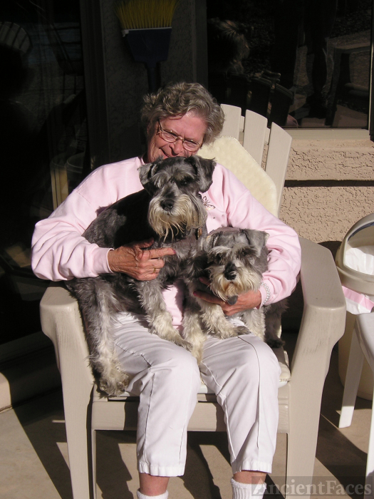 Janet Arlia & two of her miniature schnauzer dogs in Chandler AZ.