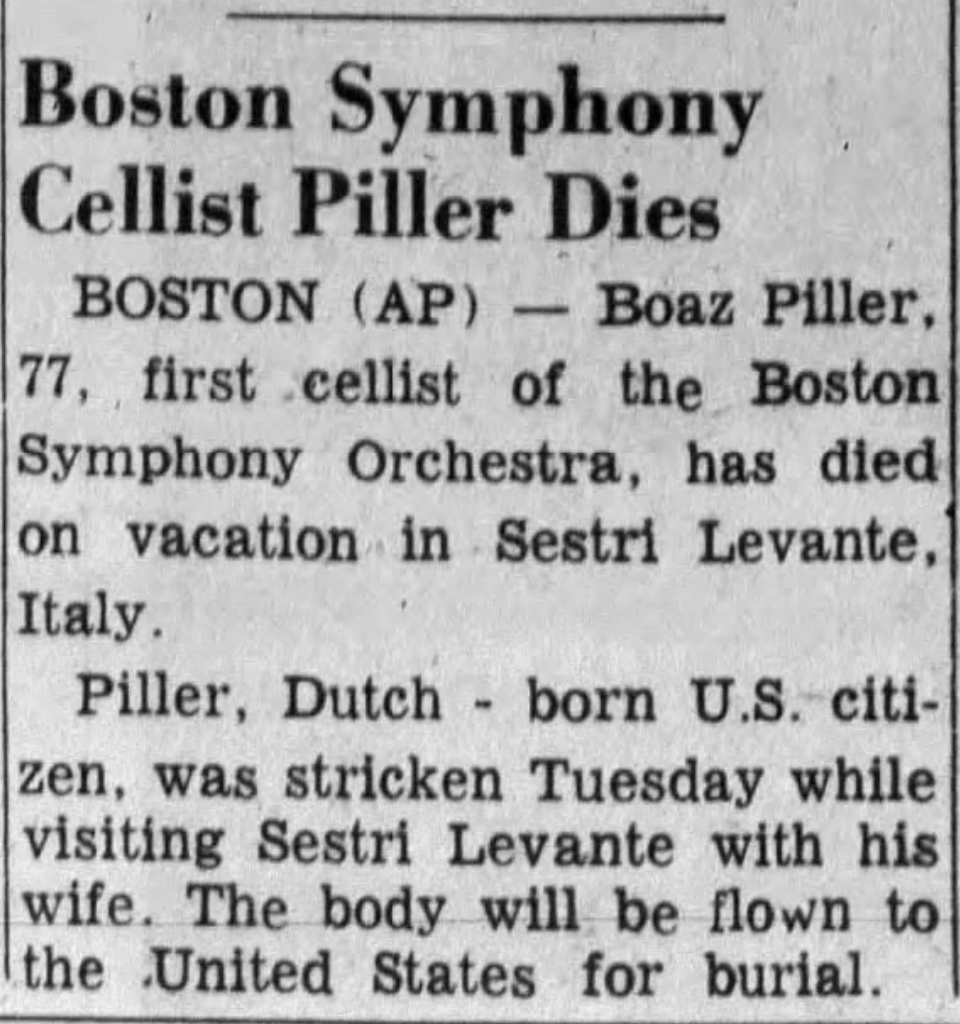Boston Symphony Cellist Piller Dies