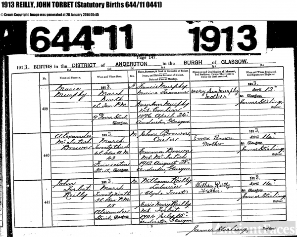 John Torbet Reilly birth record