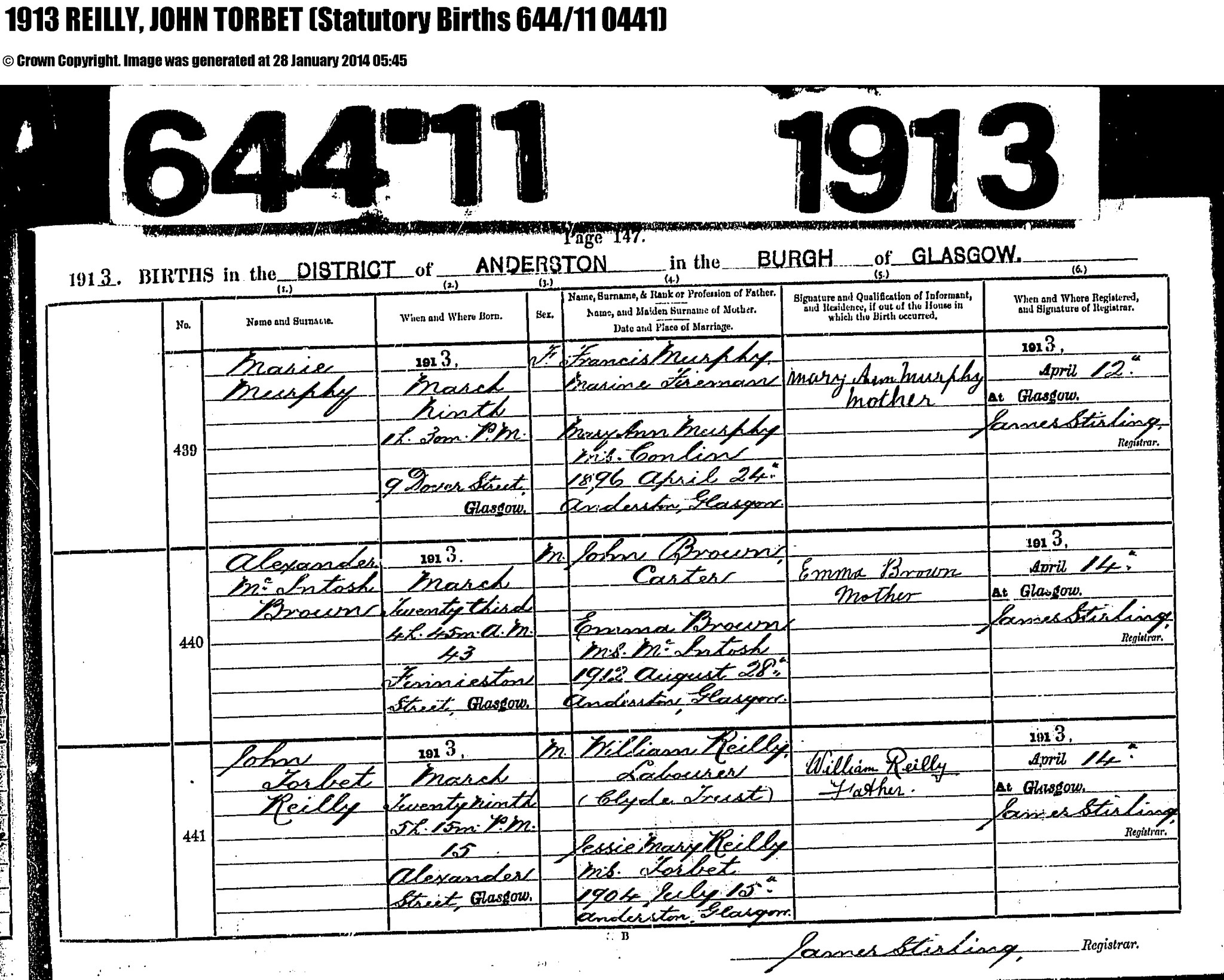 John Torbet Reilly birth record
