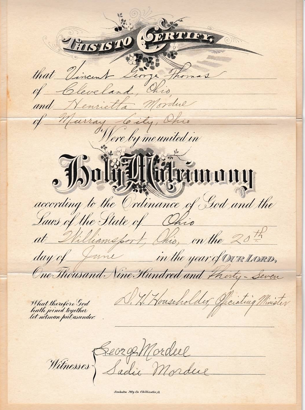 Henrietta E. Mordue marriage record