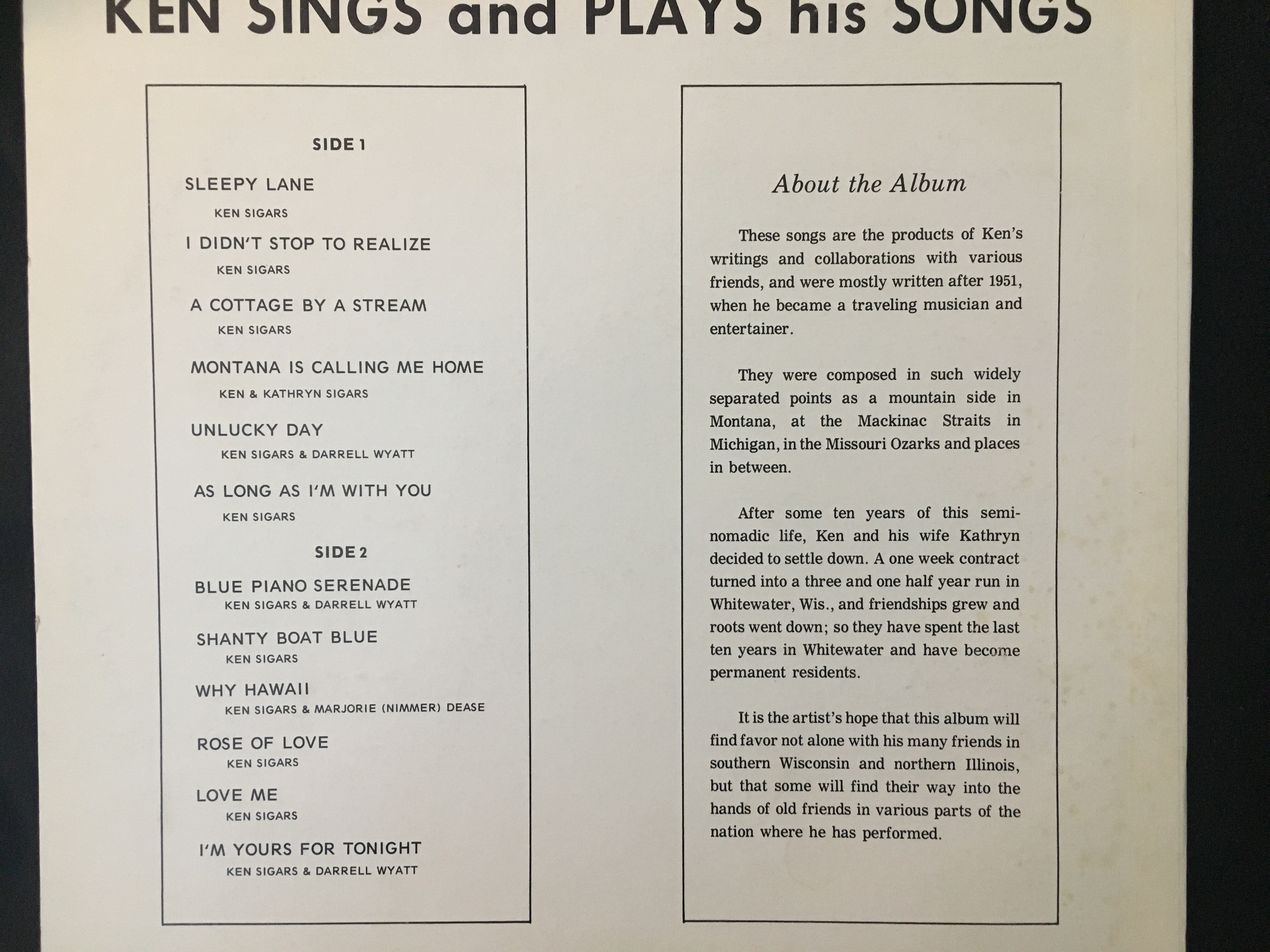 Back of Ken Sigars Record
