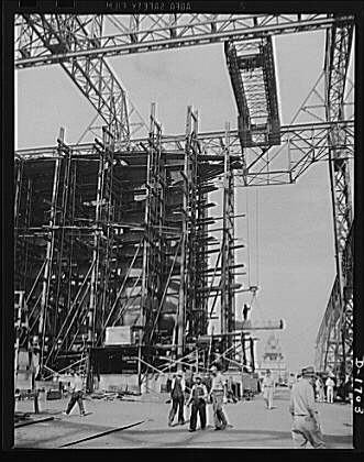 Shipbuilding (Newport News). Through the scaffolding may...