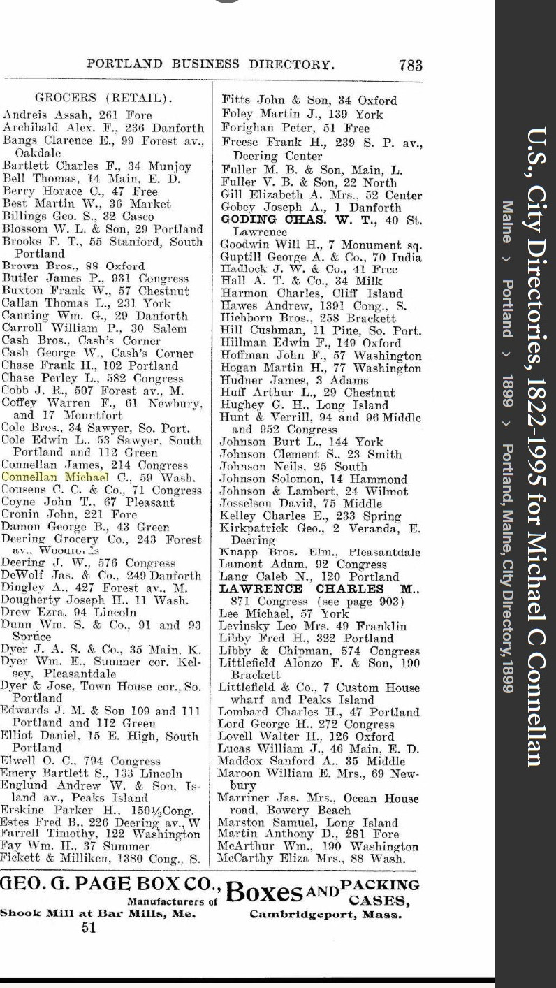 Michael Charles Connellan--U.S., City Directories, 1822-1995(1899)