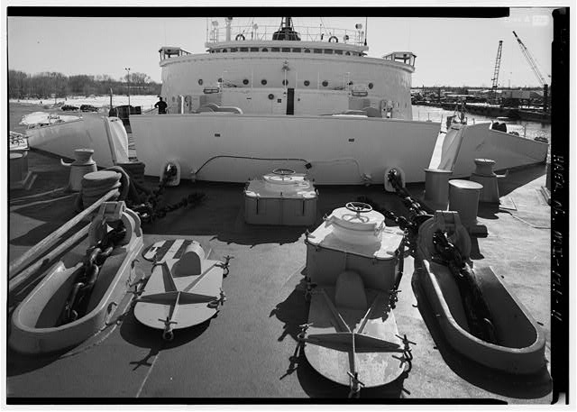 DETAIL VIEW OF UPPER (BOAT) DECK, CHAIN STOPPERS,...