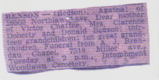 Agatha Benson's (Bedson's) death Notice